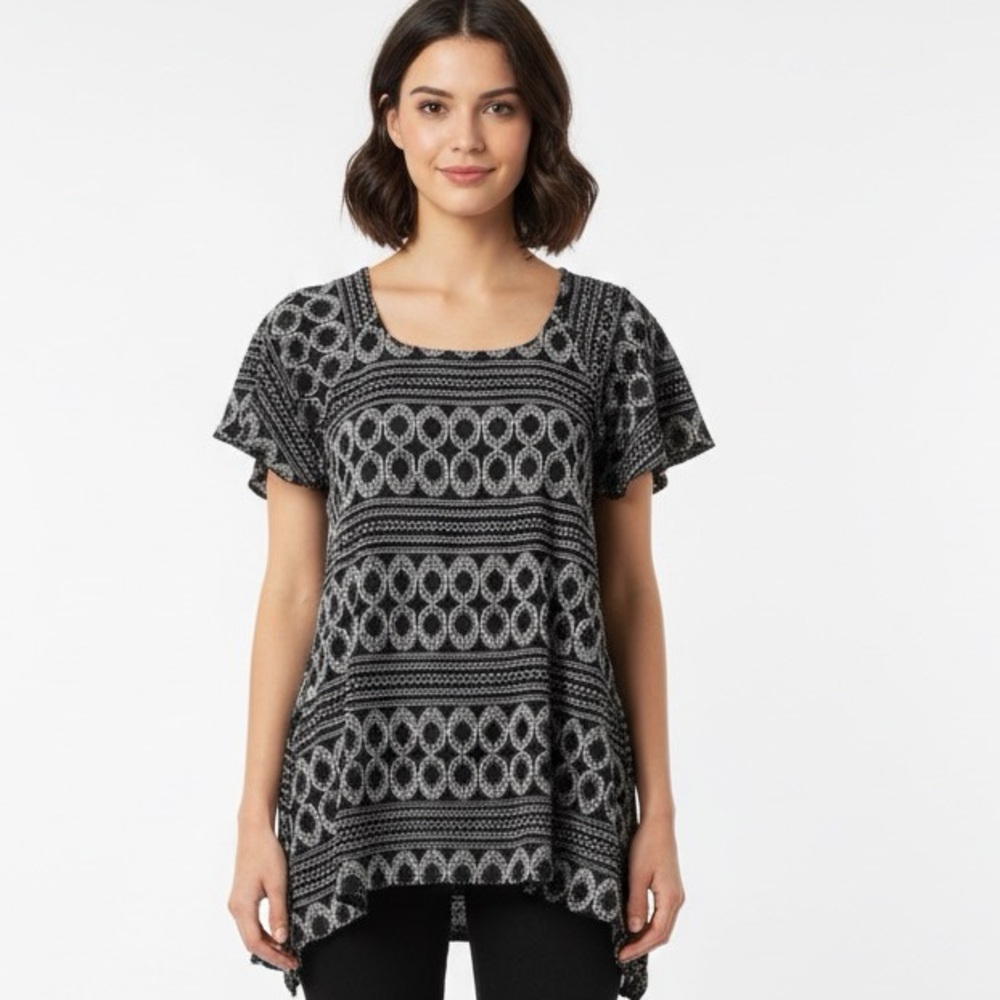 Brittany Black Embroidered Stretchy Lined Patterned Short Sleeve Asymmetrical